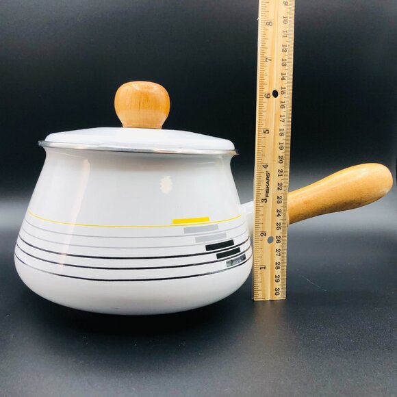 Vintage White Gray Yellow Stripes Enamel Fondue Pot and Lid Wood Handle Saucepan - Picture 13 of 13